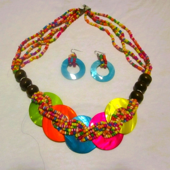 Vintage 80s Multicolor Necklace Earrings Colorful Chunky Beaded necklace twisted - Picture 2 of 8